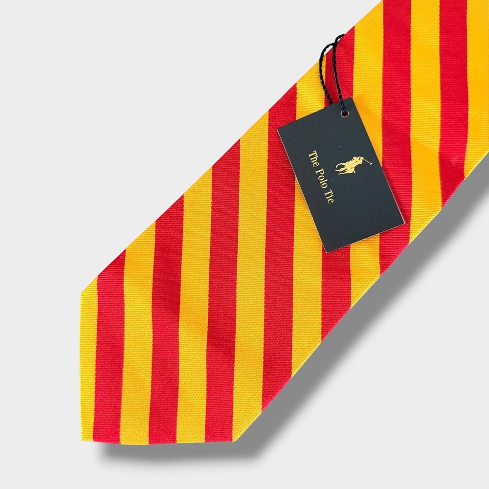 Polo Ralph Lauren Tie Mens 56" Red Yellow Striped Silk Repp Hand Made Italy NWT